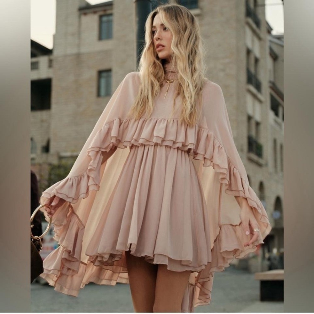 COMMENSE BOHO VINTAGE Semi-Sheer Chiffon Ruffle Dress With Outer Cape XL